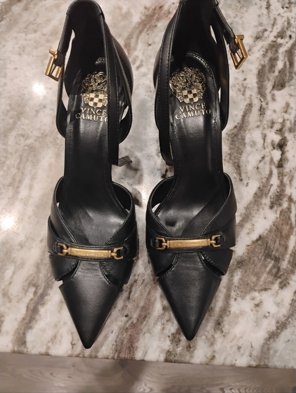 Vince Camuto Black Leather Pointed-Toe Slingback Heels with Gold Hardware